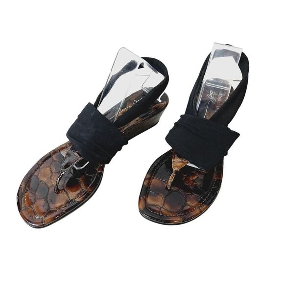 Donald Pliner Sandal Womens 9M Sling Back Thong Fabric Stretch Black Brown Wedge - Picture 1 of 10